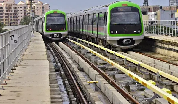 Namma Metro trains on an elevated track in Bengaluru