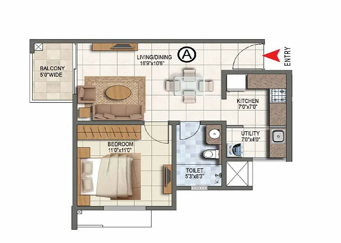 Indicative 1 BHK floor plan layout