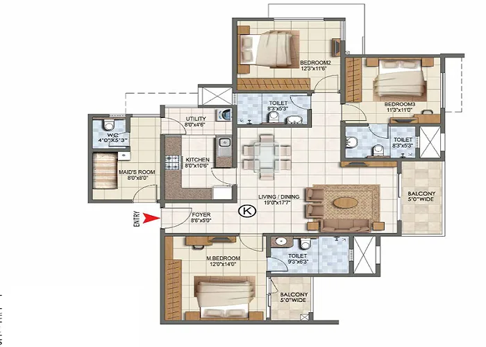 Indicative 3 BHK floor plan layout