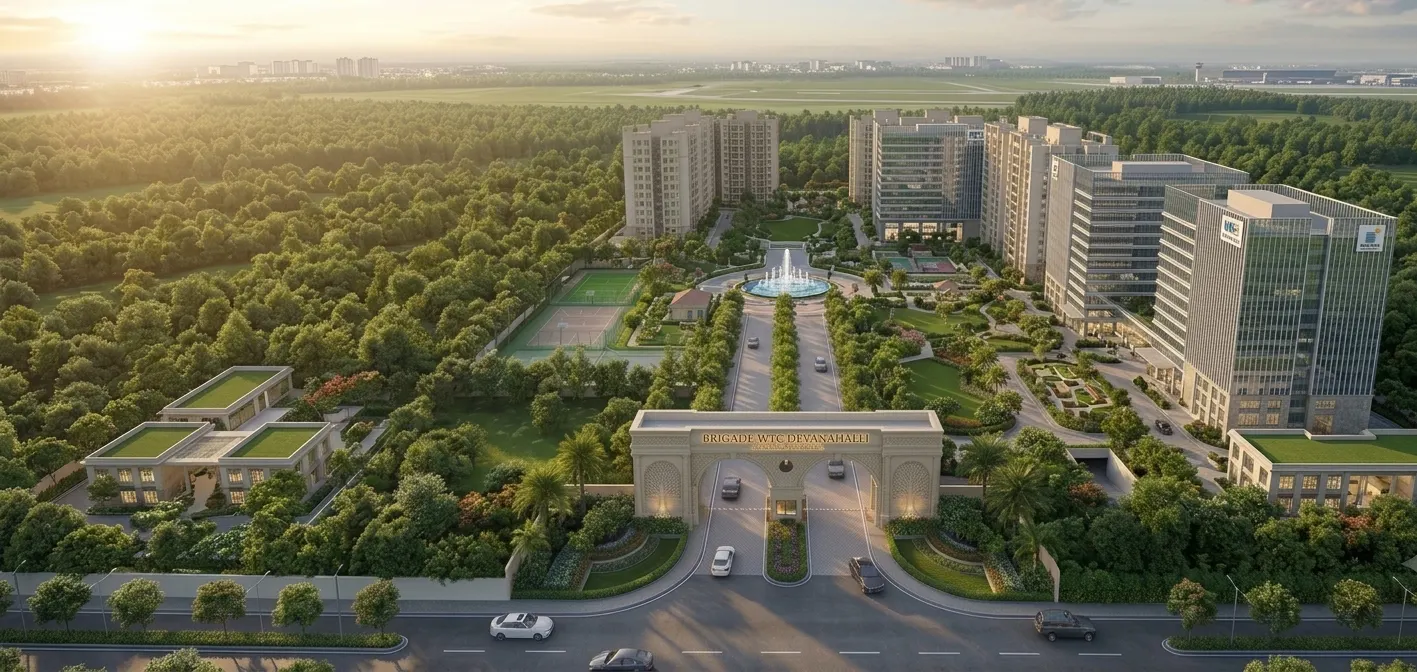 Artistic impression of a tree-lined entrance boulevard leading to towers and a central fountain