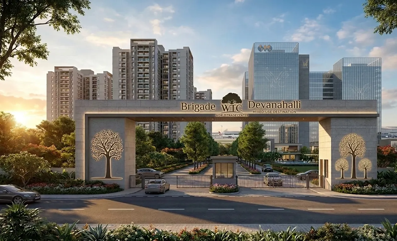 Artistic impression of a landscaped township entrance gate with residential towers and glass office buildings behind