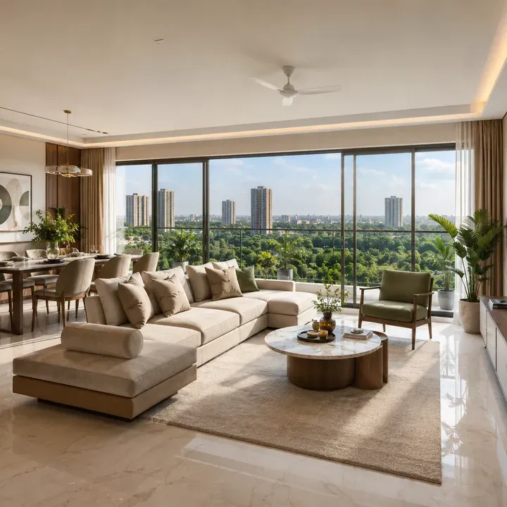 Artistic impression of a spacious apartment living room with large windows