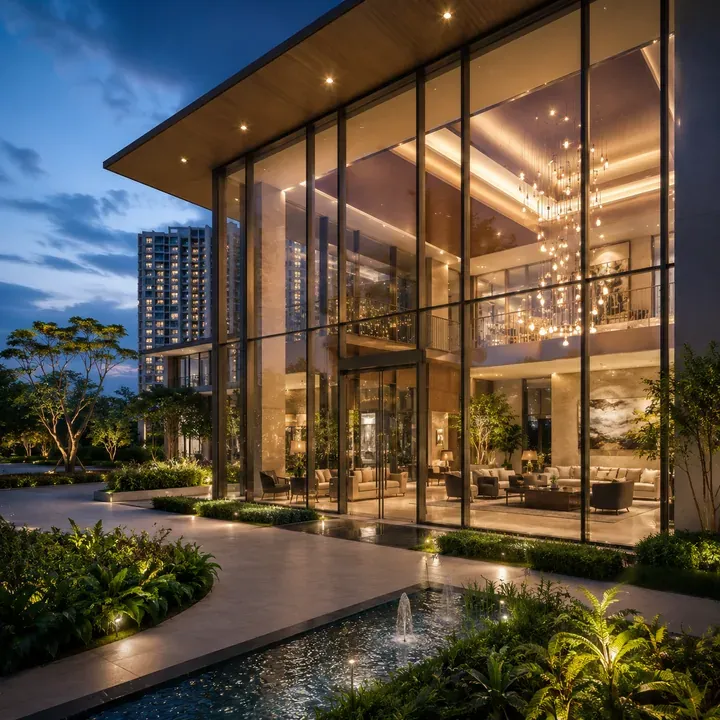 Artistic impression of a glass-fronted lounge building with landscaped water feature at night