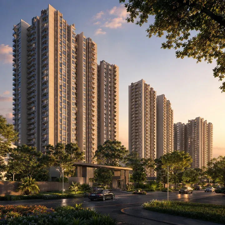 Artistic impression of high-rise residential towers with a landscaped drop-off