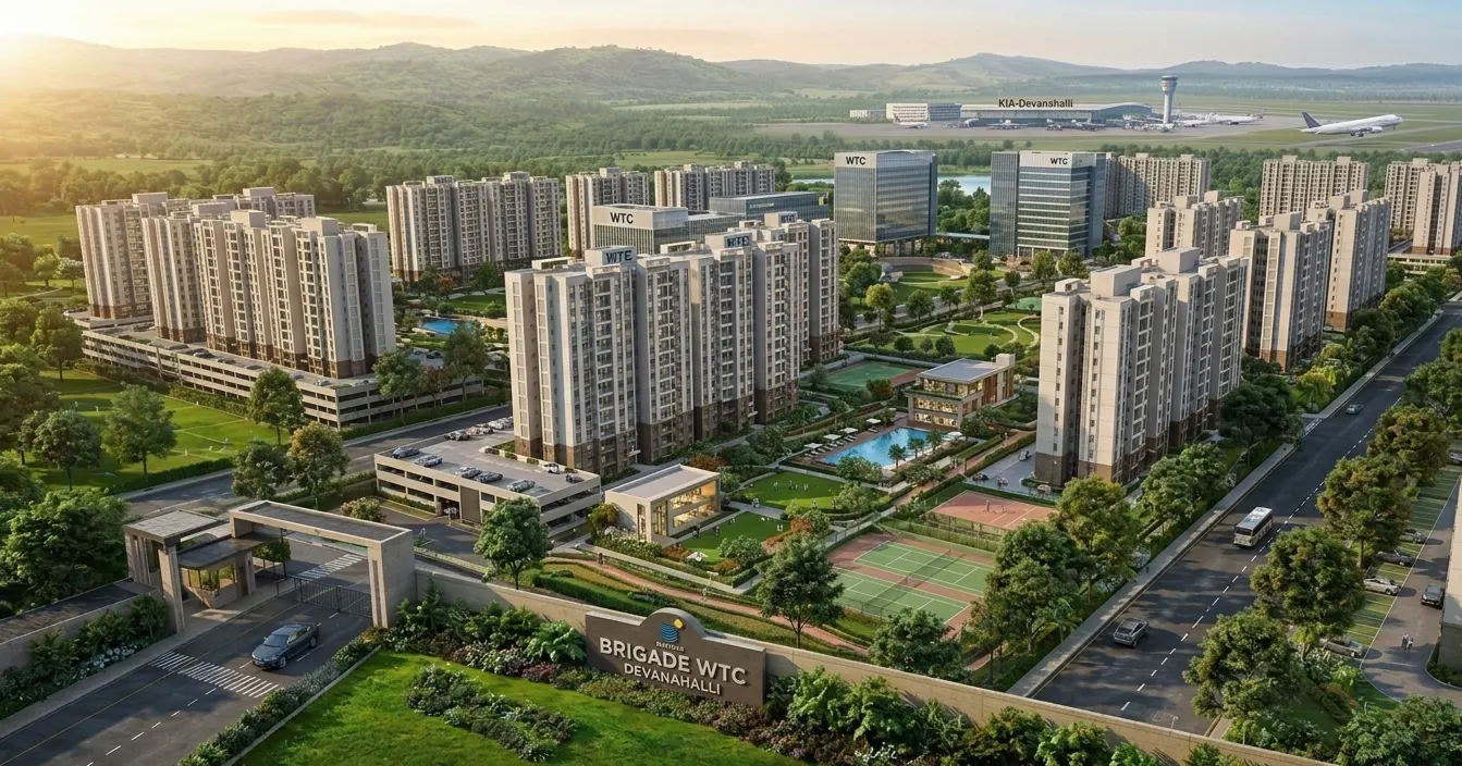Artistic impression of an aerial view of a mixed-use township with residential towers, office blocks and sports courts near an airport