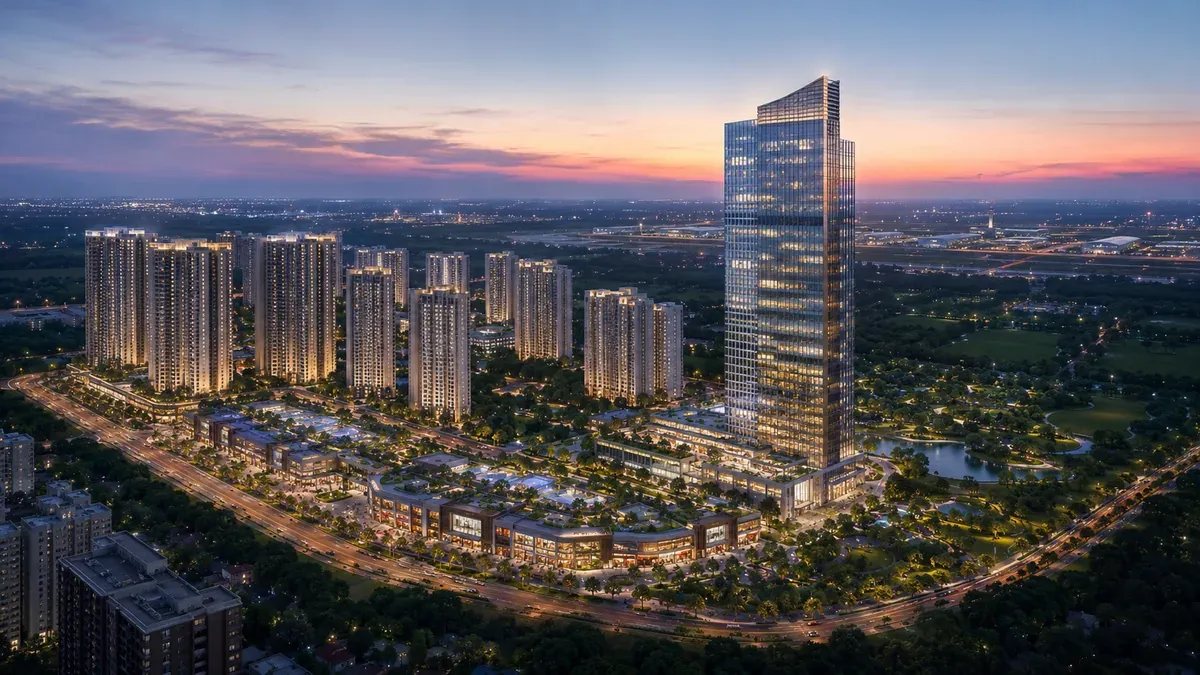 Artistic impression of residential towers beside a tall office tower and a retail promenade at dusk